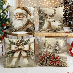 Christmas Themed Cushion Cover, 4 Counts/set Cushion Cover without Filler, Cushion Slipcovers, Household Decoration Supplies for Living Room Bedroom Sofa Bed