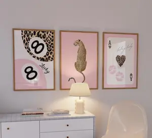 Set of 3 Pink Leopard Cheetah Print Pink 8 Ball Lucky Wall Art Gallery Preppy Chic Home Decor
