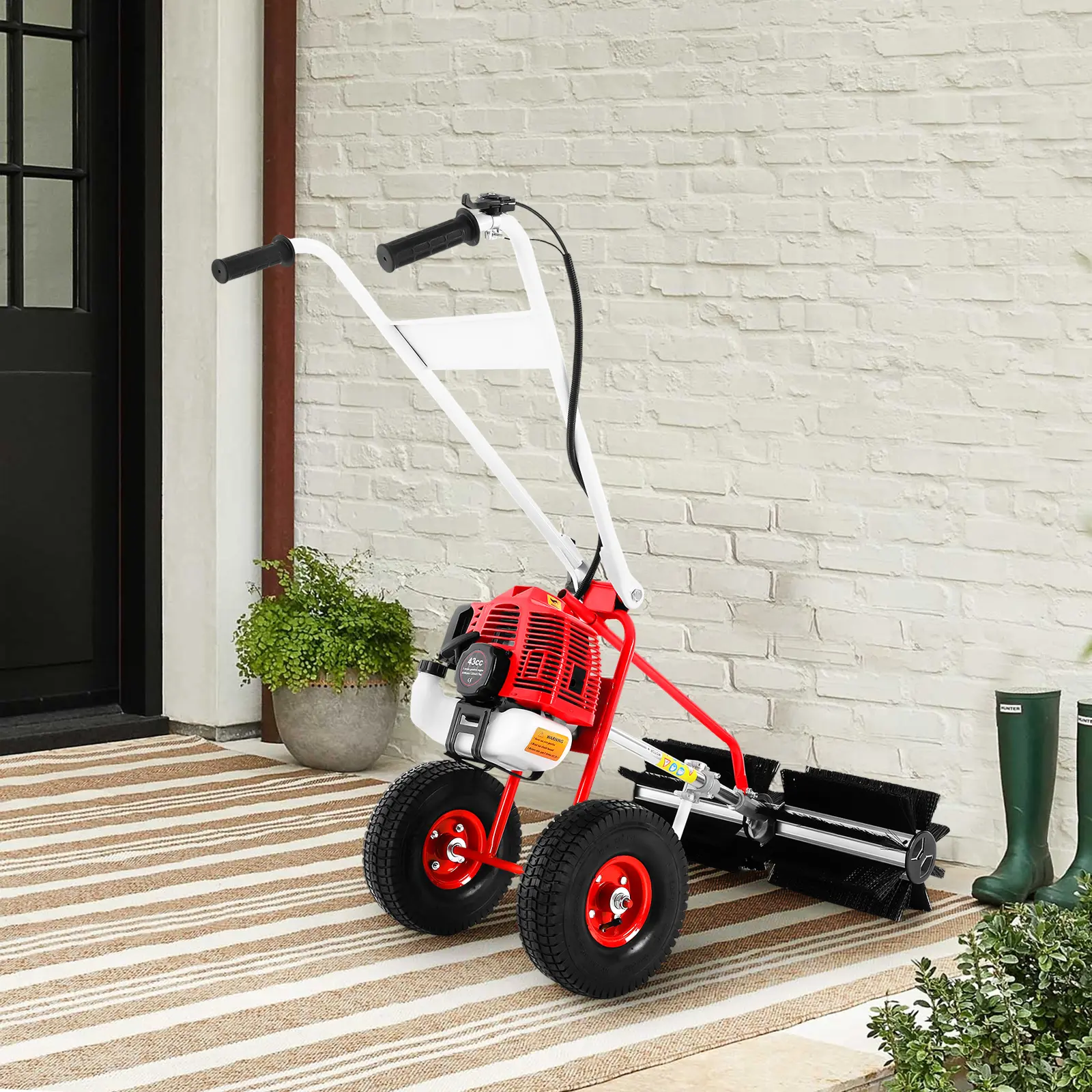 Gasoline-Powered Lawn Yard Sweeper with Rolling Brush 60cm Working Width 1.25kw Engine 43cc Displacement 25:1 Fuel Ratio Red Black ABS Iron Aluminum Alloy Steel