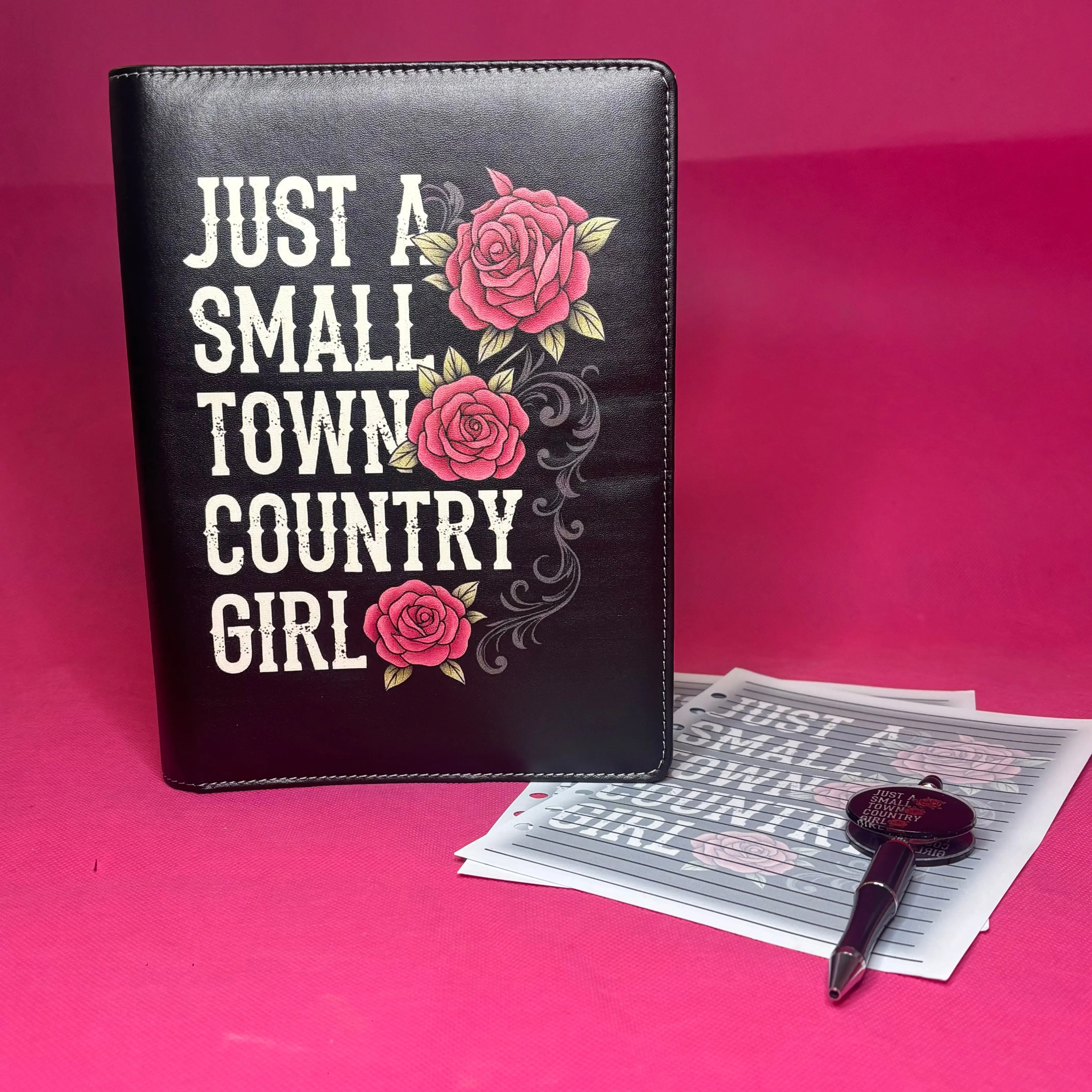 Small Town Country Girl Binder Bundle — Black A5 Binder with Roses, Matching Paper + Beaded Pen | Only 1 Available