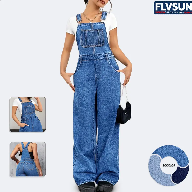Flvsun Women's Denim Bib Overalls - Wide Leg Baggy Adjustable Overalls for Women with Pockets, Adjustable Straps, Buttons, Buckles, V-Neck, Pullover Design, Minimalist Fabric, Trending Holiday Clothing