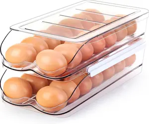 Rolling Egg Holder for Fridge, Stackable Egg Organizer Bin with Lid, Automatic Egg Dispenser Tray for Refrigerator Storage, Clear Plastic 2 Tier Egg Container