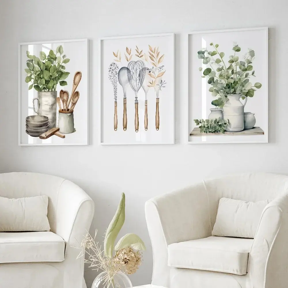 3 Piece Set Green Botanical Posters Vintage Vase Paintings Spoons Hanging Picture Dining Room Wall Decor Botanical Wall Art Living Room Wall Print Design No Frame