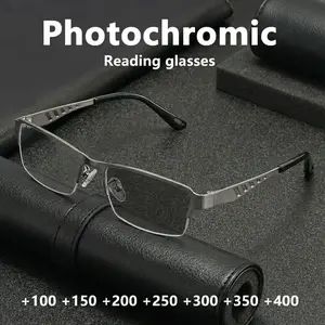 Men's Business Half Frame Metal Photochromic Reading Glasses, Ultra-Light Hollow Legs, Blue Light Blocking, Multiple Prescriptions Available