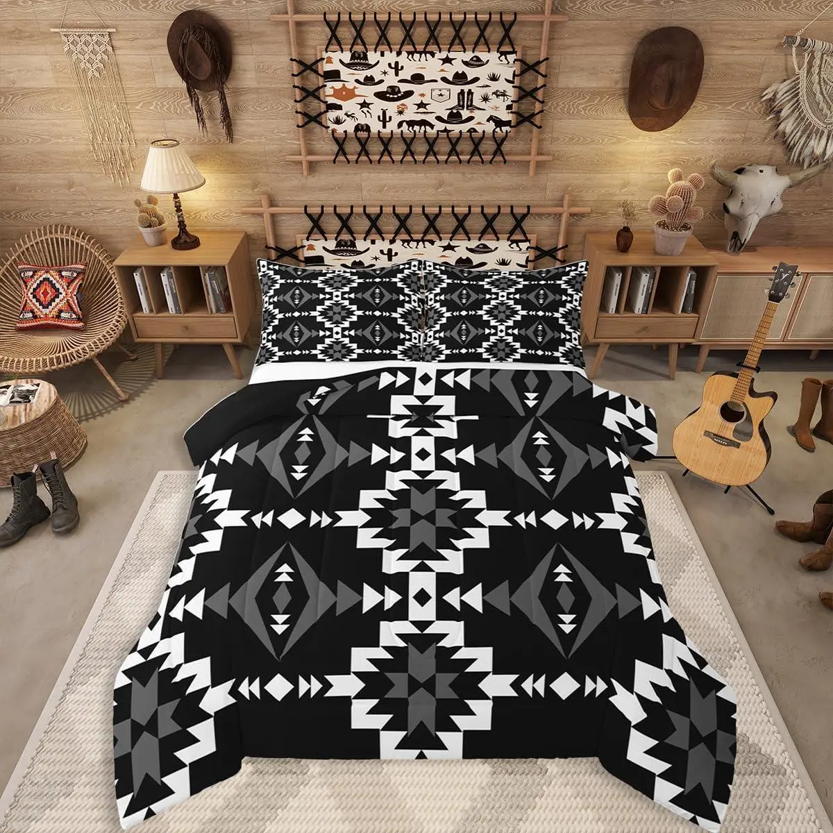 Western Aztec Comforter Set,Native American Navajo Bedding Set for Boys Adult Teens,Southwestern Geometric Quilt Ethnic American Native Duvet Insert Rustic Farmhouse Decor,Black White