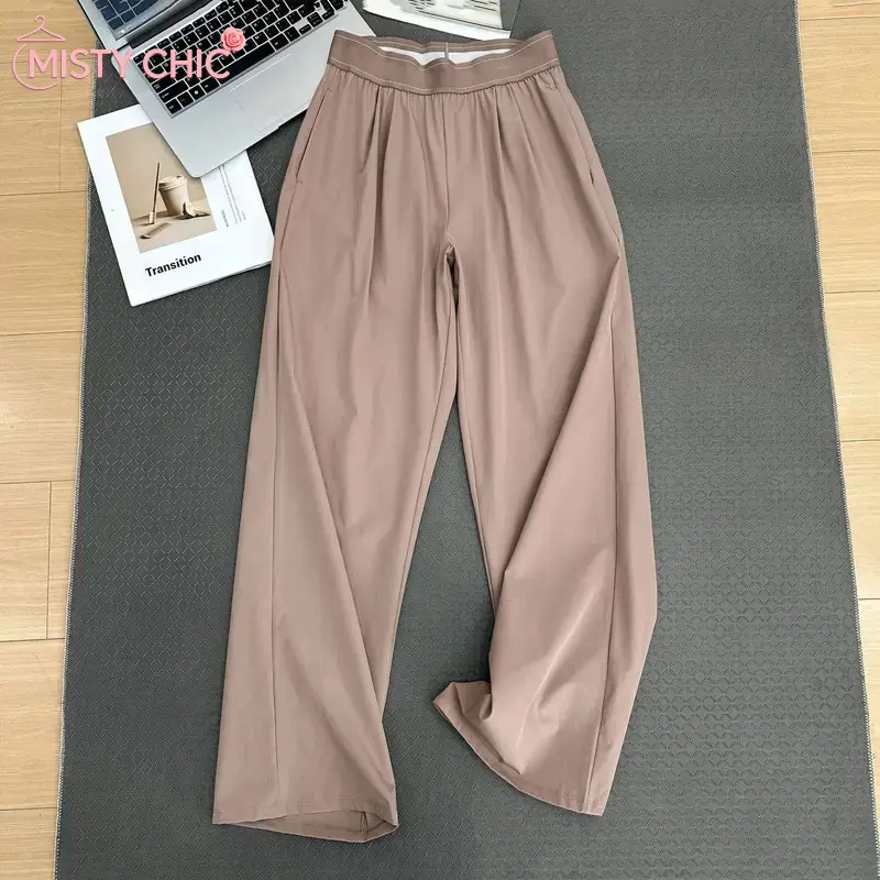 MISTY CHIC Women's High Waist Wide Leg Trousers, Contrast Double Stitch Waistband, Functional Side Inset Pockets, Relaxed Straight Silhouette, Smooth Wrinkle-Resistant Fabric Perfect For Office Workdays