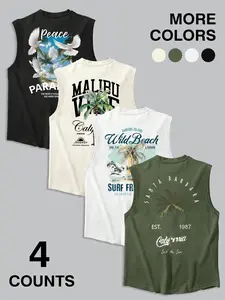 Surf Beach Print Tropical Multicolor Sleeveless Vest, American Vintage California Surf Style Casual Shoulder Pad, Loose-Fitting Summer Top
