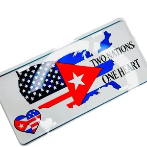 Character-Based Customizable Car Number Plate - Celebrate Unity for Cuban and American Culture Lovers (M Dos Corazones, Una Sola Nación Design)