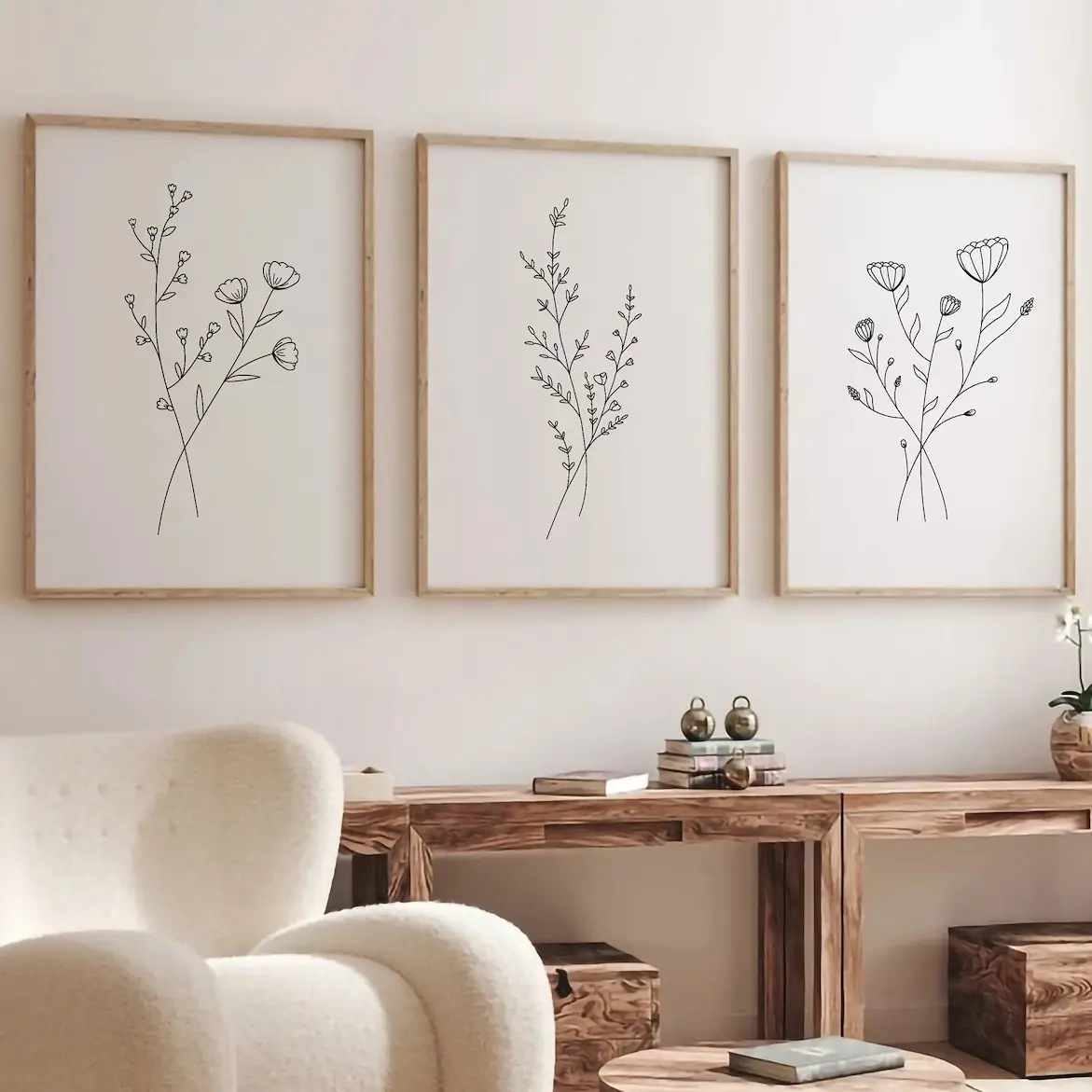 Flower Line art Prints, Set Of 3 Prints, Floral Print, Flower Wall Art, Minimal Floral Prints