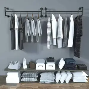 Industrial Pipe Clothes Rack Wall Mounted Hanging Bar Garment Rack Rail Detachable Bedroom Space-Saver for Home