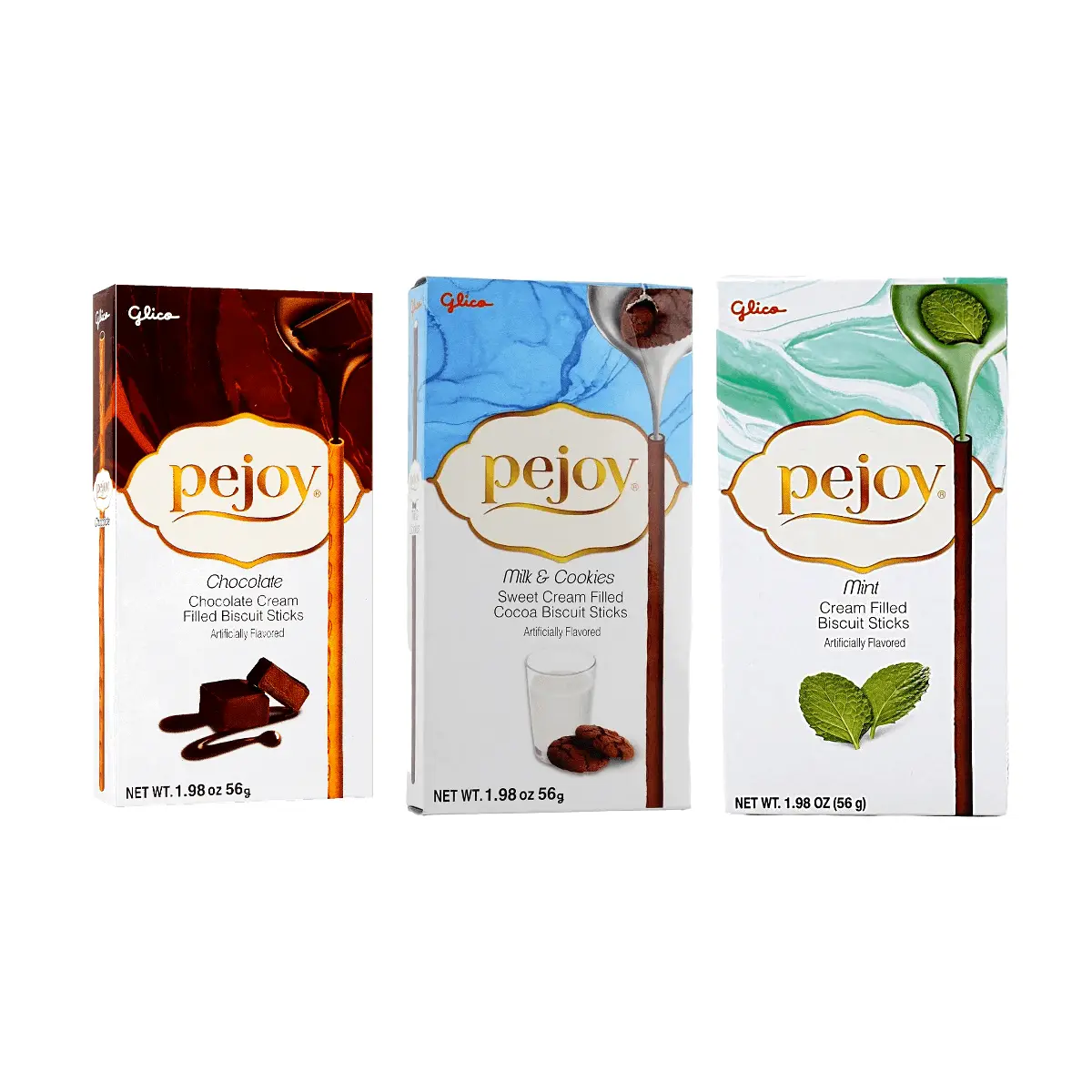 3 Pack GLICO PEJOY Cream-Filled Cookie Sticks - Chocolate + Milk + Mint 5.93 oz, Japanese Snack
