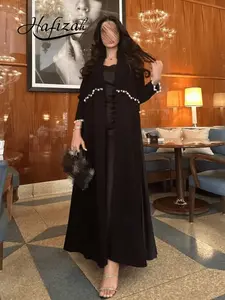 Hafizah Suit Collar Pearl Embellished Abaya, Long Sleeve Elegant Plain Dress, Light Luxury Party Gown for All Seasons