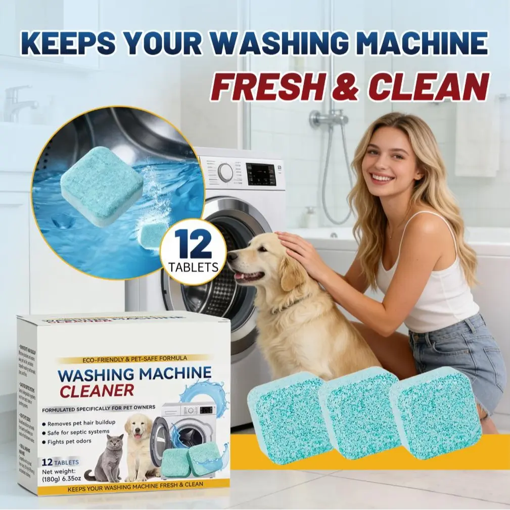 Pet Ffiendly Washing Machine Cleaner Tablets 12 Pack, Deep Clean Washer Drum, Eliminate Pet Odors & Hair Buildup, Septic Safe Descaler for Front & Top Load Washers