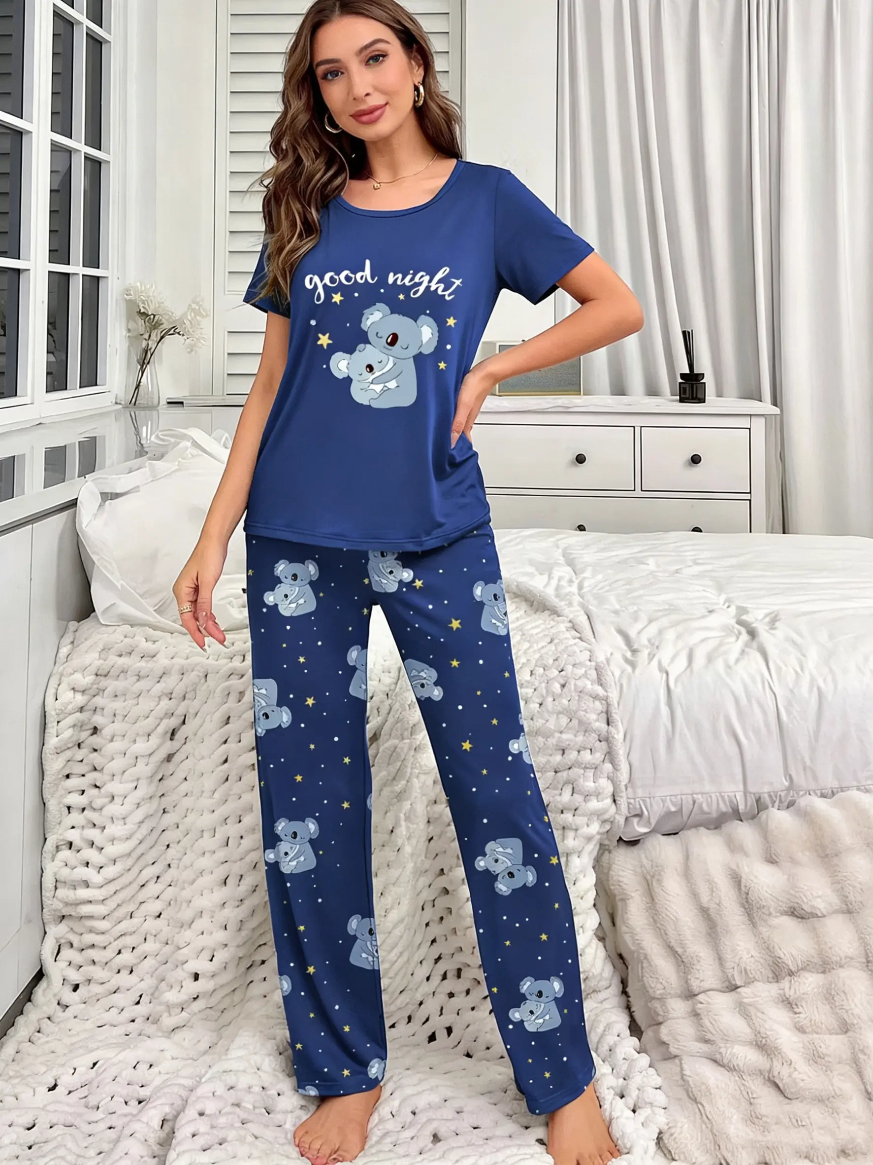 Women's Cute Koala Good Night Print Pajama Set, Short Sleeve Top & Long Pants, Soft Milk Silk Loungewear Sleepwear