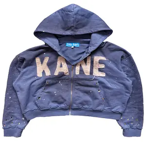 Blue Rhinestone Cropped Dirty Wash Hoodie