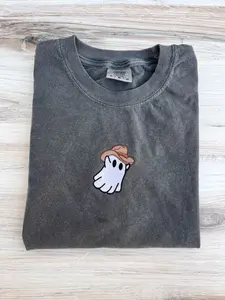 Cowboy Ghost Comfort Colors Tee, Halloween Embroidered Tee, Fall T-Shirt, Spooky Season Shirt, Embroidered Tee, Western Ghost Shirt, Cowboy