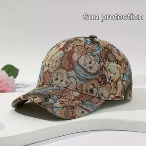 Women'S Korean-Inspired Cute Bear Print Baseball Cap - Adjustable Snapback, Moisture-Wicking, Breathable Six-Panel Design, Trendy Casual Hat for Daily Wear & Holidays, Hand Washable, Holiday Accessory, Playful Design, Comfortable Fit, Fashion Headwear, Fa