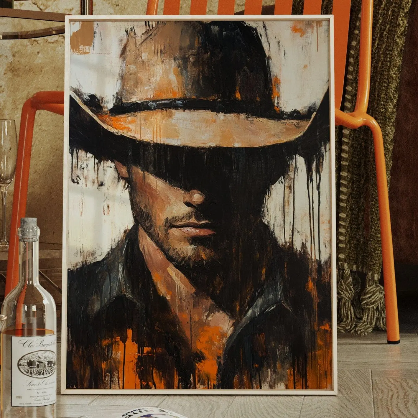 Shadowed Cowboy  Bold Western Expression Poster,  Wall Decor Retro Art Print