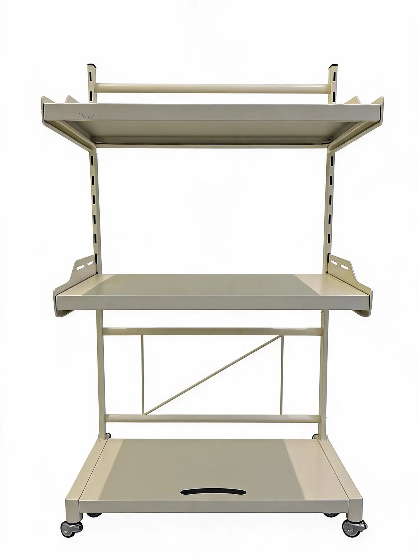 Metal storage rack suitable for kitchens and other spaces; a movable, multi-tier off-white microwave storage rack with wheels, non-slip suction cups, and removable storage hooks. stand blade organizer shoe dish organization footwear system waterproof