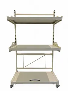 Metal storage rack suitable for kitchens and other spaces; a movable, multi-tier off-white microwave storage rack with wheels, non-slip suction cups, and removable storage hooks.
