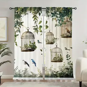 2pcs Contemporary Green Plant & Bird Printed Rod Pocket Curtains, HD Knit Polyester, Machine Washable, Versatile Room Decor, Landscape Theme, No Electricity or Battery Needed, for Living Room & Bedroom (Without Rod)