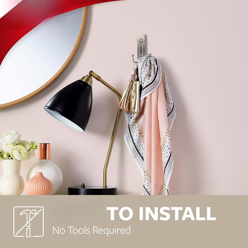 Large Brushed Nickel Double Hooks, 2 Hooks and 2 Command Strips, Damage Free Hanging Wall Hooks with Adhesive Strips, No Tools Coat Hooks for Hanging Home Decor, Holds up to 4 lb