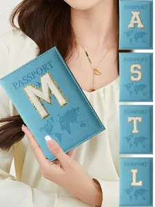 1pc Travel Document Holder Passport Holder Cover For Women Men Name Letter Pattern Durable PU Leather Passport Covers Purse Map Passport Holder Wallet Card Case Travel Accessories Back To School