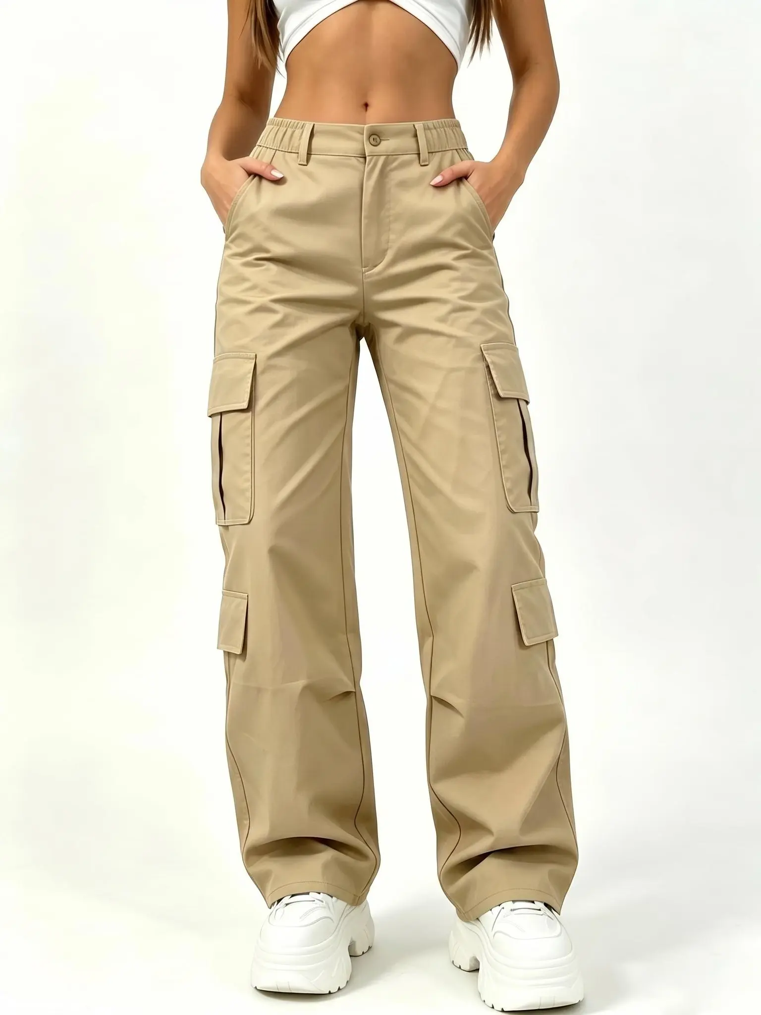 Women's High Waisted Cargo Pants – Casual Wide Leg Baggy Trousers with Multi Pockets, Elastic Waist Y2K Streetwear Hiking Travel Utility Pants
