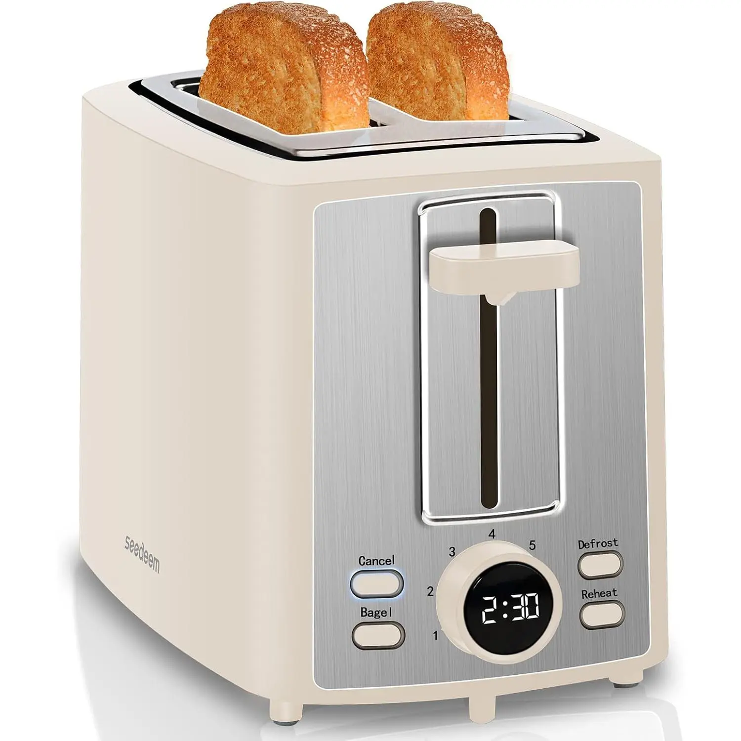 2-Slice Compact Stainless Steel LCD Display Kitchen Toaster (All Ages), Cream White, 900W, LCD Controls, 7 Shade Settings, 1.4-in Extra Wide Slots, Bagel Function, Defrost, Reheat, Cancel, Removable Crumb Tray (Daily Use)