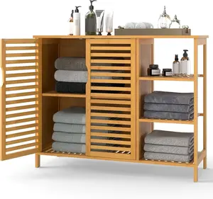 Bamboo Bathroom Cabinet, Freestanding Storage Unit with Dual-Tier Cabinet & 3-Tier Shelf, 2-Door Storage Organizer Slatted