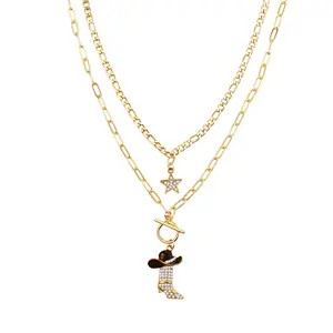 Western Cowgirl Necklace Set: 2-Piece Layered Star & Cowboy Boot Pendant Set Gold Tone Stainless Steel Stackable Western Jewelry for Women