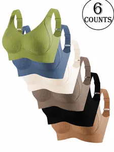 6-Pack Push Up Comfort Bras - Wireless Seamless Lingerie with Adjustable Wide Straps, Supportive Underwear for Lift & Side Coverage, Everyday Wear