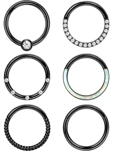 Delicate 6 Pcs Black Shining Round Piercing Hoops Simple 316L Surgical Steel Hinged Hoop Nose Rings for Women Men Seamless Clicker Segment Hoop Lip Nose Rings Conch Helix Cartilage Earrings Daith Piercing Kit