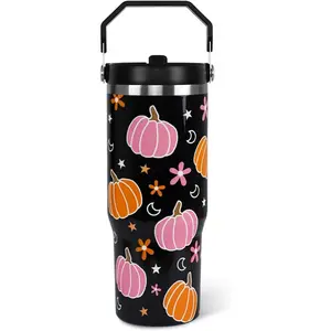 30oz Reusable Stainless Steel Halloween Water Bottle Tumbler with Lid & Straw - Portable Vacuum Insulated Leak-Proof, Pink Pumpkin Star Moon Goth Cute Spooky Coffee Container, Women’s Birthday Gift, Fall Kitchenware Drinkware Accessory, Water Bottles