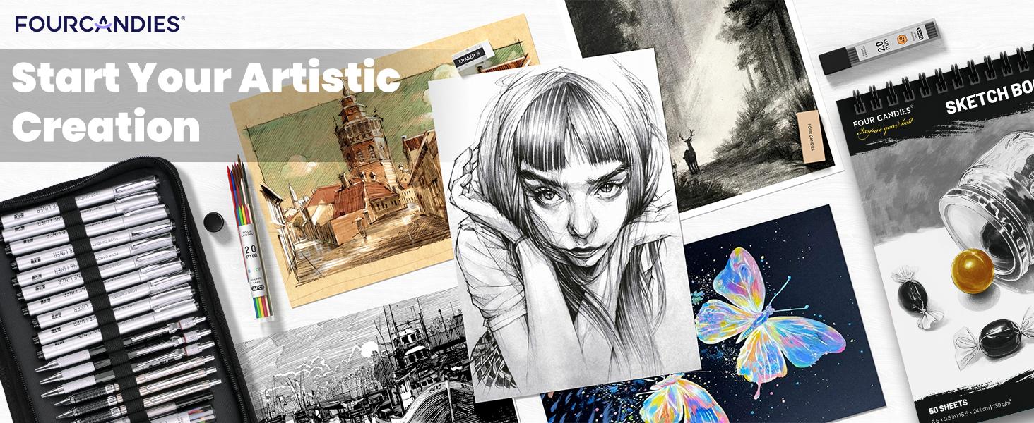 【Art Gift】 Four Candies 50 Sheets Triple-Tone Sketchbook (6.5"x9.5", White/Kraft/Black Mixed Pages), 130gsm Thick Multimedia Paper Top-Bound Art Drawing Pad