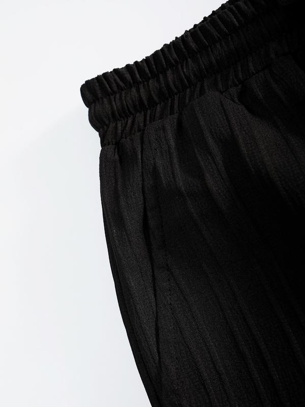 Men's All-Black Vertical Texture 2-Piece Casual Set - Long-Sleeve Button-Up Shirt + Elastic-Waist Pants, Lightweight Drapey Fabric, Relaxed Loose Fit, Minimalist Sophisticated Design, Perfect forOutdoor Brunch, Urban Office Commutes, Café Meetings & Casua