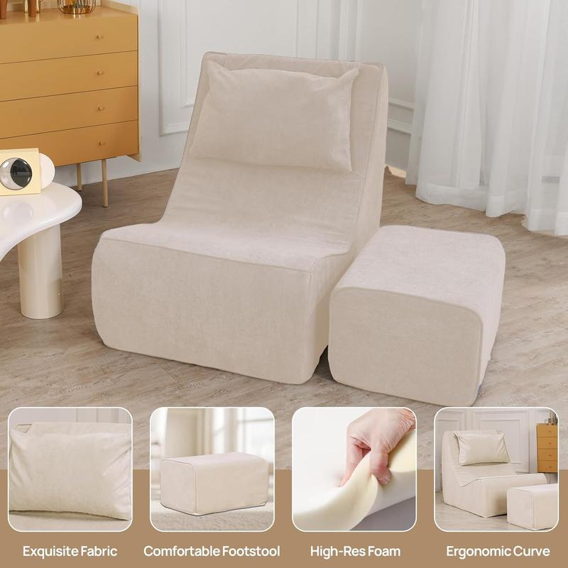 Giant Bean Bag Chair for Adults - Indoor Chaise Lounge with Neck Pillow & Ottoman, All-in-One Sponge Design, Comfy Floor Chair for Reading, Gaming, Napping, and Movies (Khaki)