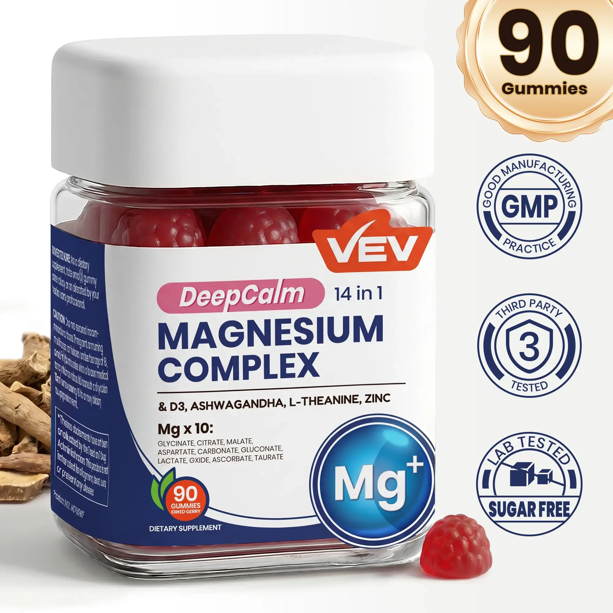 VEV DeepCalm 14-in-1 Magnesium Gummies Complex - Magnesium Glycinate, D3, Ashwagandha, L-theanine, Zinc - 90 Count, Vegan, No Sugar, Anxiety Relief, Calm & Sleep Support, Emotional Regulation Blended Vitamins & Minerals Supplements, Anxiety Relief Blended