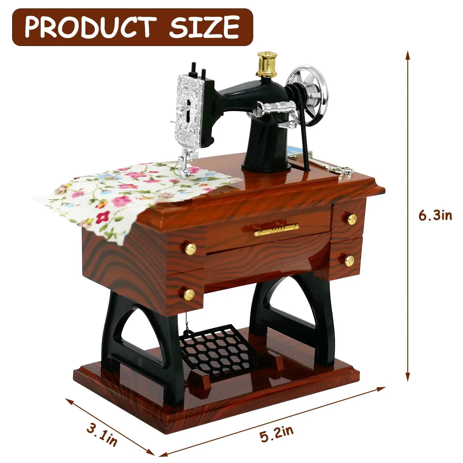 UFORU Adorable Vintage Mini Sewing Machine Music Box, Brown, Cute Desk Decoration Toy Perfect Gift for Kids
