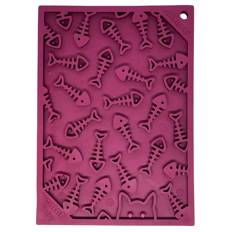 Fishy Design eMat Enrichment Lick Mat - Small, Silicone Feeding Tray with Fish Skeleton Pattern, Calms & Entertains Cats & Small Dogs, 5" x 7"