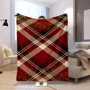 Plaid Tartan printed cute cartoon plush blanket suitable for all seasons, soft and comfortable sofa mattress, office outdoor blanket, camping travel home blanket, black Friday Christmas holiday gift A49