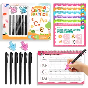 TIMETOME Reusable Grooved Handwriting Workbook for Kids 6 Books Early Elementary Math Words Drawing Gift for Children Lettering Spiral Notebook School Supplies
