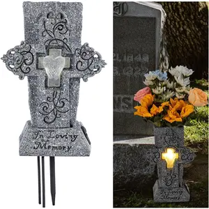 Solar Cemetery Vase with LED for Fresh/Artificial Flowers Grave Flower Cross Vase Headstones Vases with Spikes Gravestone Decor Memorial Gifts for Loss of Loved One