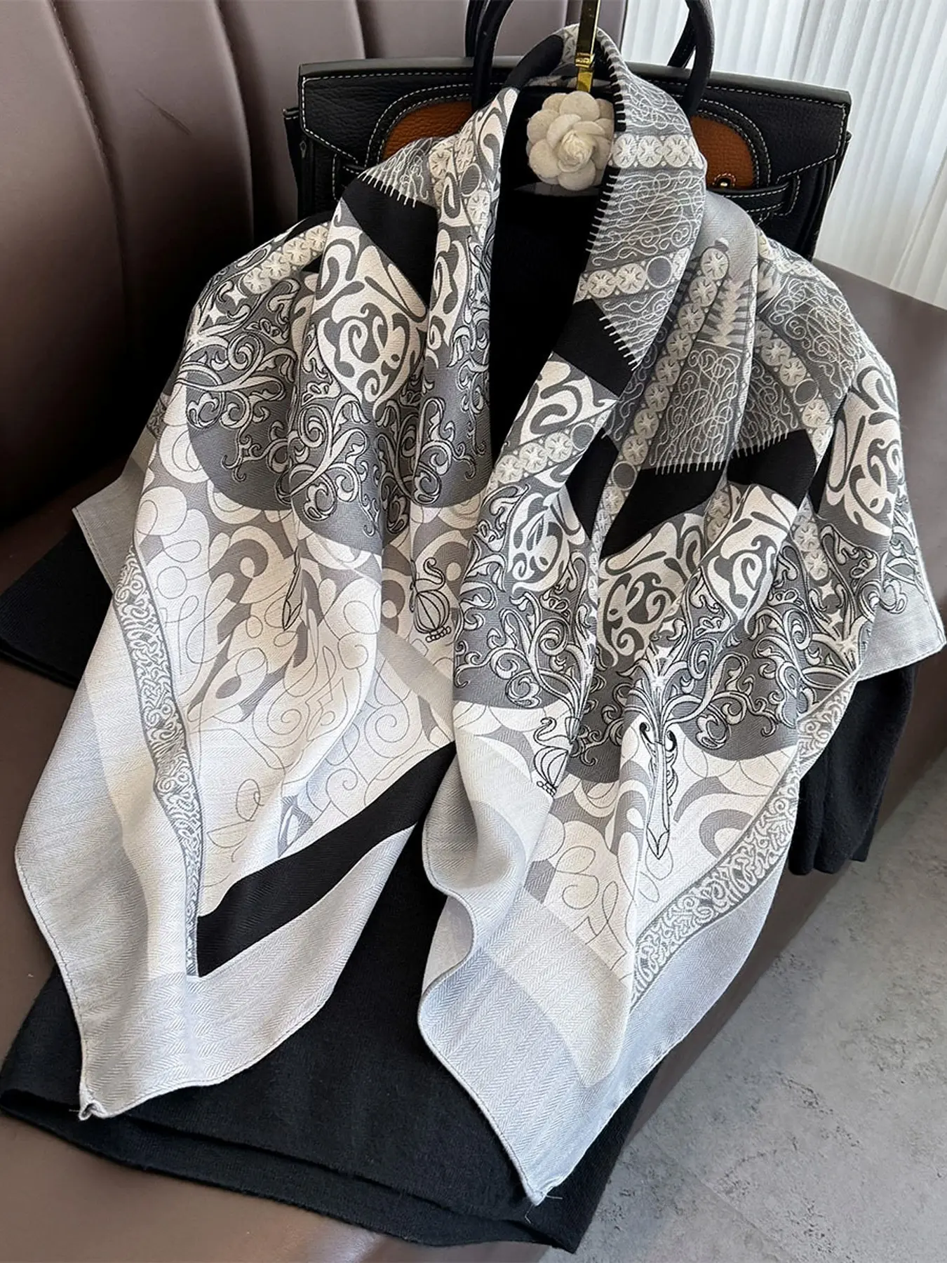 Spring Summer Versatile Geometric Colorblock Print Silk Scarf, Loose Fit, Neck Warmer, Multi-Functional Outerwear, Stylish and Warm Accessory
