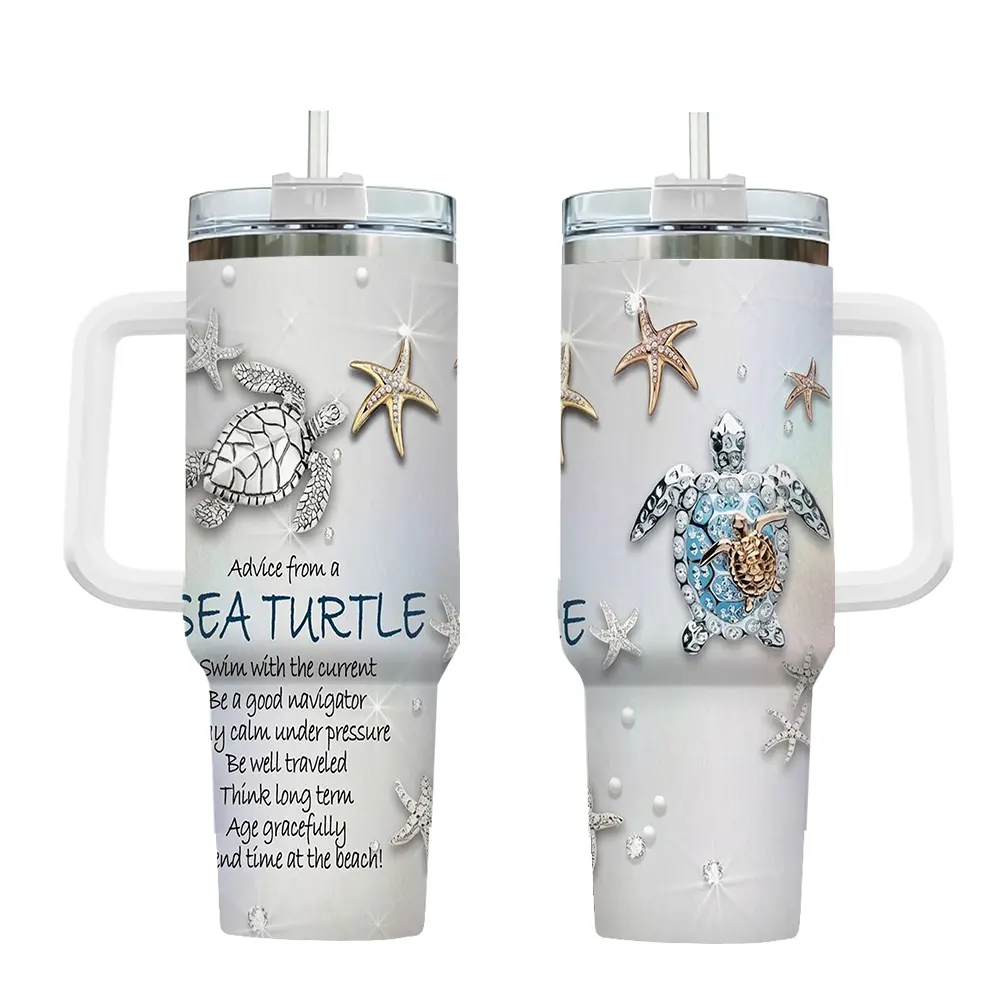 40oz (1,000-2,000 ml) Portable Stainless Steel Leak-Proof Insulated Vacuum Flask Tumbler - Sea Turtle & Marine Animals Design, Casual Beach Beverage Drinkware for Adults with Straw, Ergonomic Handle, Ideal Women's Birthday Christmas Gift