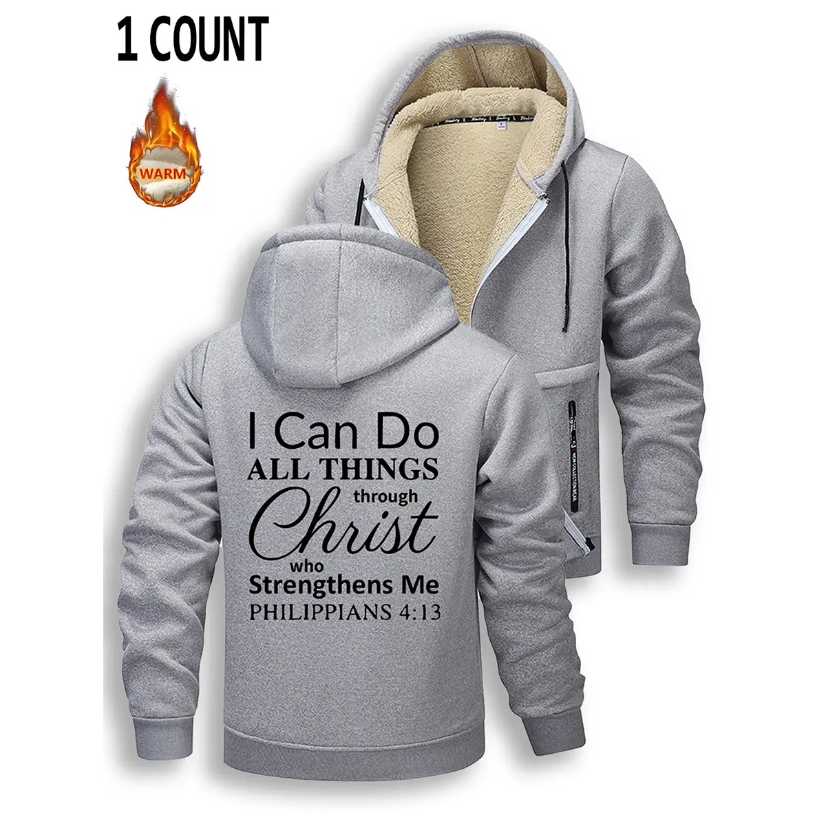 Men's Lamb Plush Sherpa-Lined Fleece Hoodie/Jumper - Basics, Motivational Quote Philippians 4:13 Inspirational Print, Stylish Fitted Zip-Up Athletic Sweatshirt, Warm Long-Sleeve Casual Top
