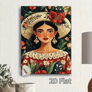 2D Flat, 1pc Vintage Mexican Poster - Floral & Woman Portrait Wall Art in Traditional Hispanic Decor - Red Floral Canvas - Indoor/Outdoor Decoration for Living Room, Bedroom, Cafe, Bar - Perfect Latin American Home Decoration Gift, Artistic Desig