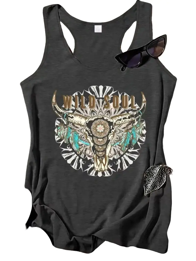 Women's Sleeveless Racerback Tank Top - Cute Tops for Women, Wild Soul Longhorn Bull Skull, Turquoise Feather, Mandala Designs, Western Boho Cowgirl Stuff, Denim-Polyester Jeans-Infused Fabric, No Fade, Athletic Fit, Cowboy, Elastane, Holiday