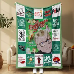 Christmas Story Themed Throw Blanket, Super Soft Flannel Fleece Blanket, Lightweight Warm Cozy Plush Blanket with Holiday Elements, Perfect for Sofa Couch Bed Travel Camping and Family Christmas Gift, Soft Fluffy Blanket