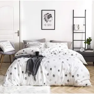Polka Dots Duvet Cover Queen 100% Cotton 3 Pieces Set 1 White Geometric Duvet Cover with Zipper Ties 2 Pillowcases Grey Circle Print Bedding Set Soft